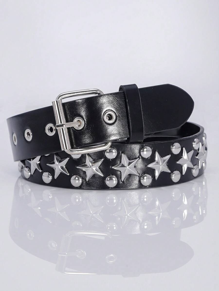 1入組男士星形裝飾方形扣龐克皮帶 - 黑色 - 查看 1