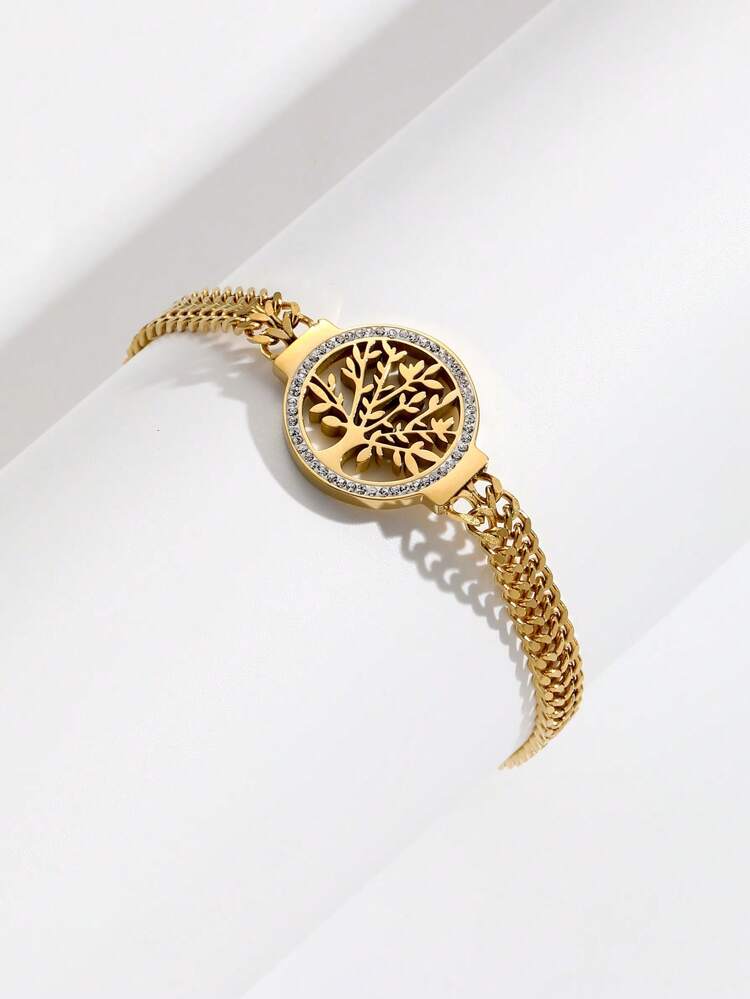 A EuropeAn-American style tree of life white enamel set Rhinestone fashion light luxury women's stainless steel bracelet suitable for daily wear
