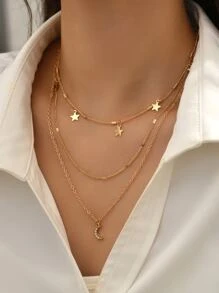 Rhinestone Moon & Star Charm Layered Necklace - Yellow Gold - View 1