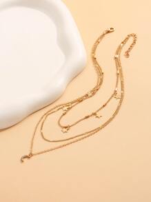 Rhinestone Moon & Star Charm Layered Necklace - Yellow Gold - View 2