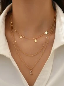 Rhinestone Moon & Star Charm Layered Necklace - Yellow Gold - View 4