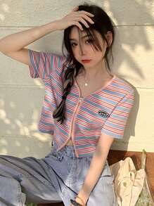 Letter Patched Stripe Zip Through Crop Tee