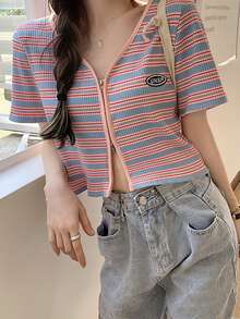 Letter Patched Stripe Zip Through Crop Tee