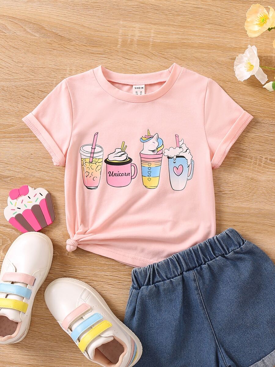 SHEIN Young Girl Beverage Print Tee - Baby Pink - View 1