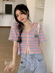 Letter Patched Stripe Zip Through Crop Tee