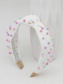 Faux Pearl Decor Knot Detail Wide Headband Elegant,Dopamine,Hairband,Hair Hoop,Hair Accessories - White - View 1