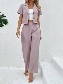 SHEIN Clasi Solid Lapel Neck Blazer & Trousers - Dusty Pink - View 2