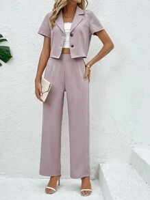 SHEIN Clasi Solid Lapel Neck Blazer & Trousers - Dusty Pink - View 4
