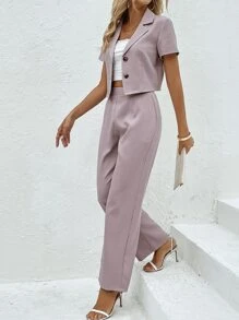 SHEIN Clasi Solid Lapel Neck Blazer & Trousers - Dusty Pink - View 1