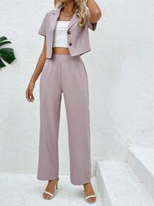 SHEIN Clasi Solid Lapel Neck Blazer & Trousers - Dusty Pink - View 6