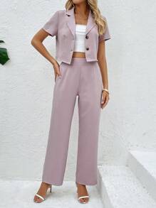 SHEIN Clasi Solid Lapel Neck Blazer & Trousers - Dusty Pink - View 7