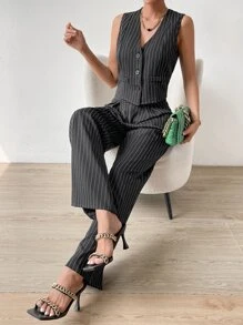 Chiquease Bộ âu phục nữ Nút phía trước Uốn nếp Sọc Giải trí - màu đen - Xem 1