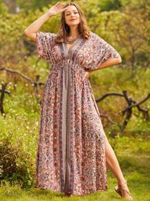 S BETRO Plus Paisley Print Split Thigh Dress - Multicolor - View 1