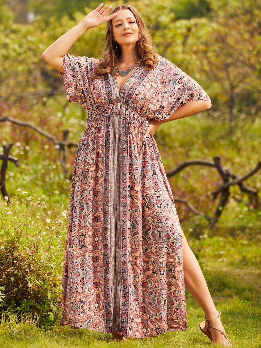 S BETRO Plus Paisley Print Split Thigh Dress - Multicolor - View 1