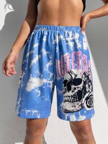 SHEIN Unity 骷髏頭和字母圖案紮染短褲 - 淺藍色 - 查看 5