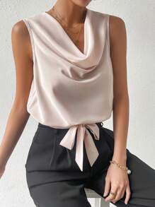 SHEIN Privé Áo sơ mi nữ Vắt màu trơn Thanh lịch - Màu be - Xem 3