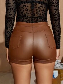 高腰側拉鏈雙口袋後PU皮革緊身短褲 - 卡其色 - 查看 2