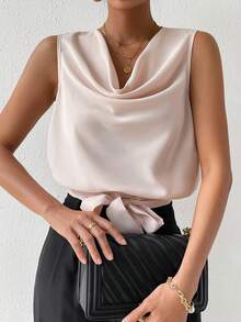 SHEIN Privé Áo sơ mi nữ Vắt màu trơn Thanh lịch - Màu be - Xem 6