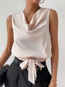 SHEIN Privé Áo sơ mi nữ Vắt màu trơn Thanh lịch - Màu be - Xem 2