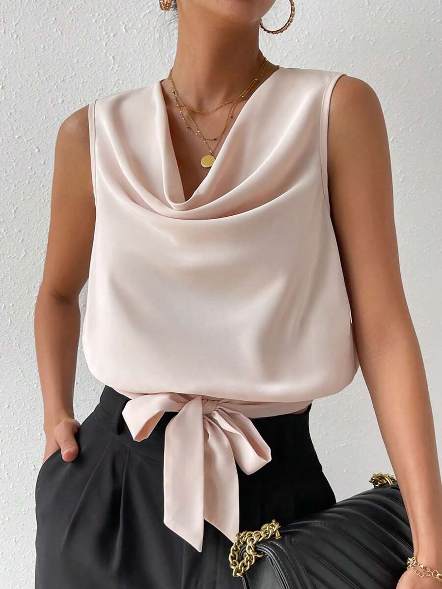 SHEIN Privé Áo sơ mi nữ Vắt màu trơn Thanh lịch - Màu be - Xem 1