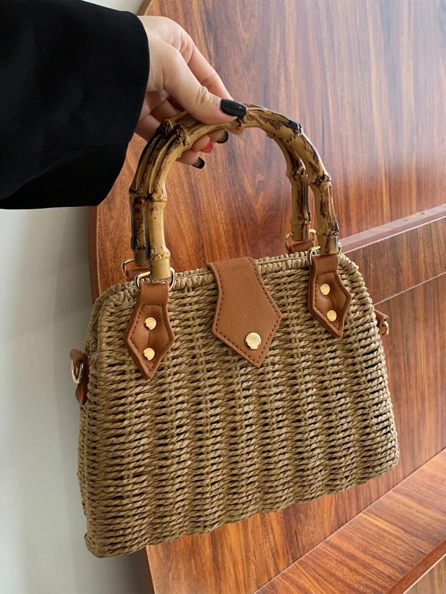 極簡草編包中等鉚釘裝飾度假,完美適合夏天海灘旅行度假 - 卡其色 - 查看 1
