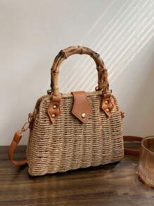 極簡草編包中等鉚釘裝飾度假,完美適合夏天海灘旅行度假 - 卡其色 - 查看 2