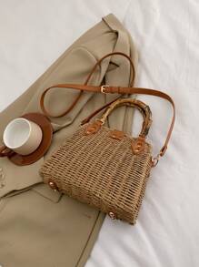 極簡草編包中等鉚釘裝飾度假,完美適合夏天海灘旅行度假 - 卡其色 - 查看 4