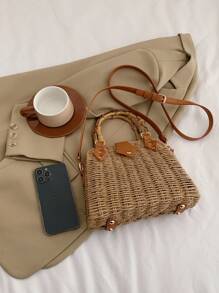 極簡草編包中等鉚釘裝飾度假,完美適合夏天海灘旅行度假 - 卡其色 - 查看 5