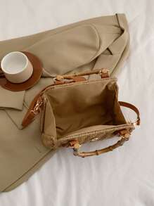 極簡草編包中等鉚釘裝飾度假,完美適合夏天海灘旅行度假 - 卡其色 - 查看 7