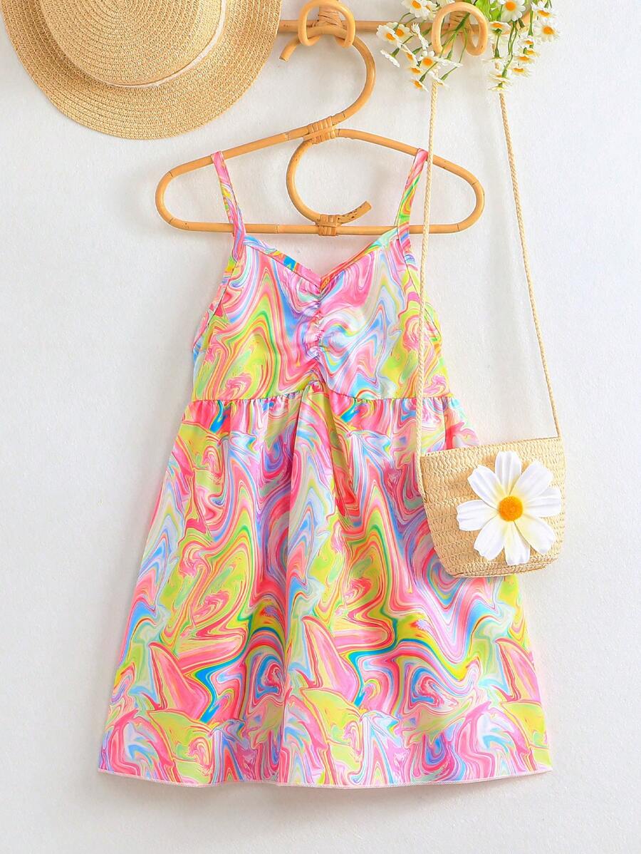 SHEIN 小女童滿版印花前收褶吊帶連衣裙 - 彩色 - 查看 1