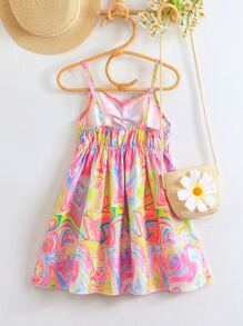 SHEIN 小女童滿版印花前收褶吊帶連衣裙 - 彩色 - 查看 2