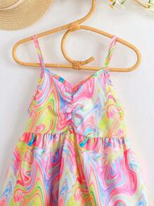 SHEIN 小女童滿版印花前收褶吊帶連衣裙 - 彩色 - 查看 3