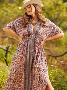 S BETRO Plus Paisley Print Split Thigh Dress - Multicolor - View 5