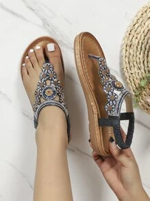 女士舒服水鑽裝飾平底魅力四射夏天T字帶涼鞋 - 藏蓝色 - 查看 2