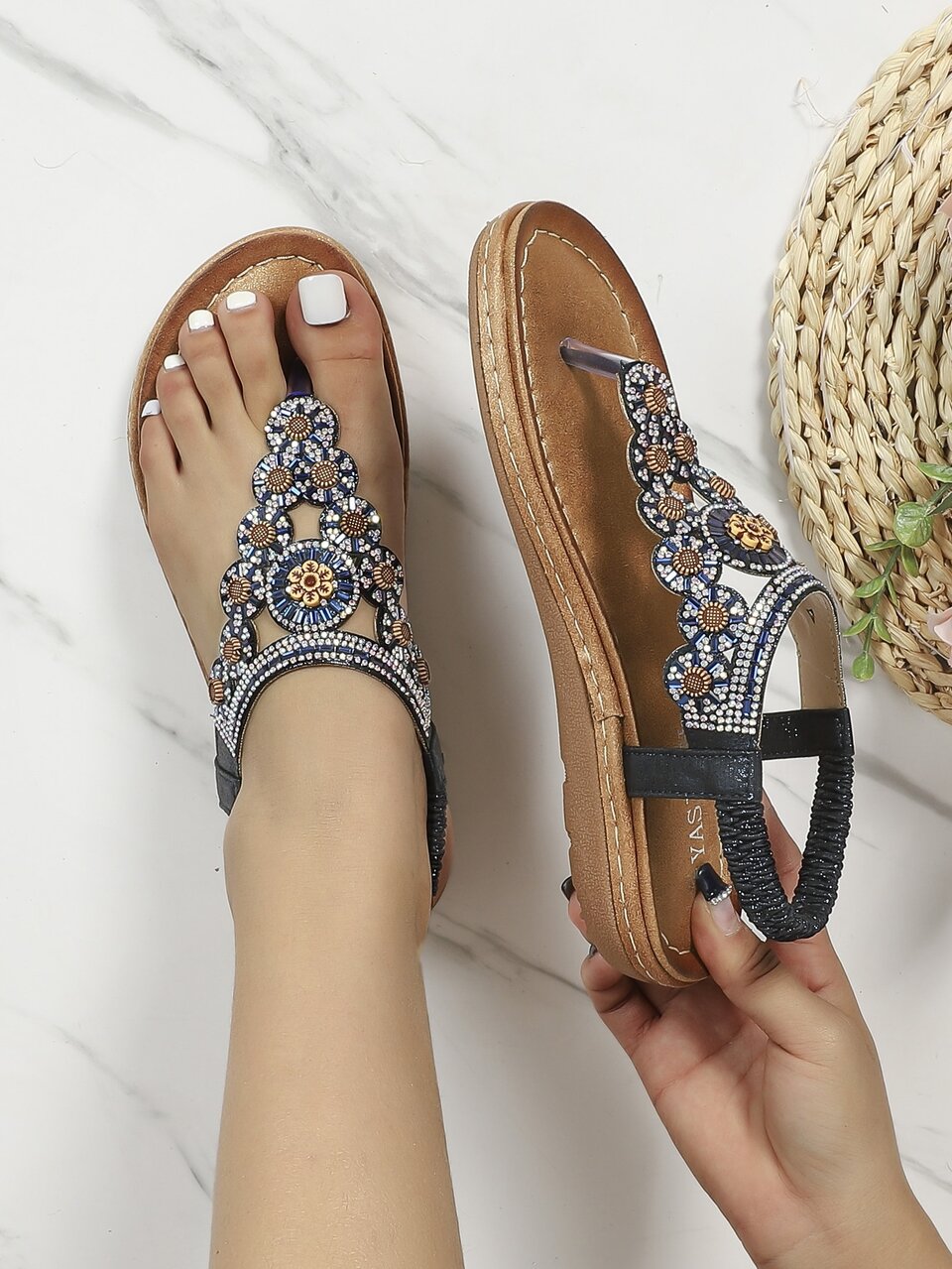 Plus Size Hollow Out Rhinestone Flat Women's Shoes, Bohemian Style Comfortable Summer Shoes