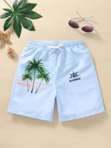 Boys Coconut Tree & Letter Graphic Drawstring Waist Swim Shorts - Baby Blue - View 1