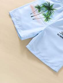 Boys Coconut Tree & Letter Graphic Drawstring Waist Swim Shorts - Baby Blue - View 3