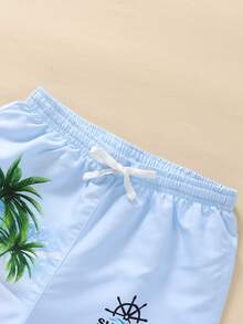 Boys Coconut Tree & Letter Graphic Drawstring Waist Swim Shorts - Baby Blue - View 4