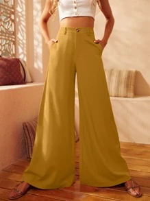 S BETRO Quần nữ Nút Túi Dây kéo màu trơn Thanh lịch - Màu vàng - Xem 1