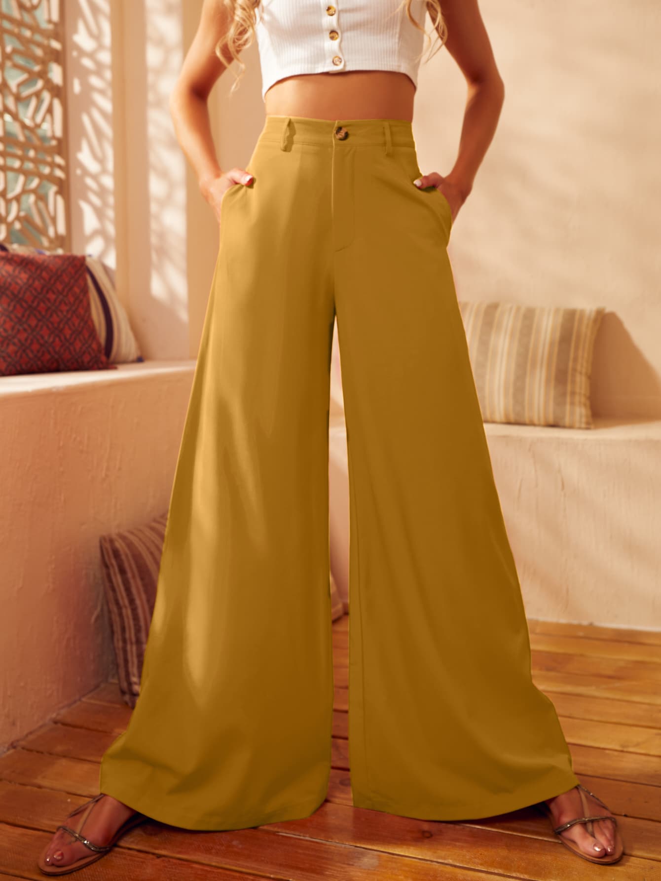 S BETRO Quần nữ Nút Túi Dây kéo màu trơn Thanh lịch - Màu vàng - Xem 1