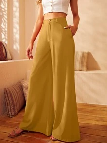 S BETRO Quần nữ Nút Túi Dây kéo màu trơn Thanh lịch - Màu vàng - Xem 3