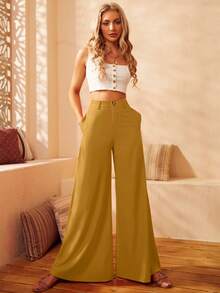 S BETRO Quần nữ Nút Túi Dây kéo màu trơn Thanh lịch - Màu vàng - Xem 4