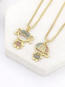 方晶鋯石裝飾人像吊墜項鍊 - 金黃色 - 查看 1