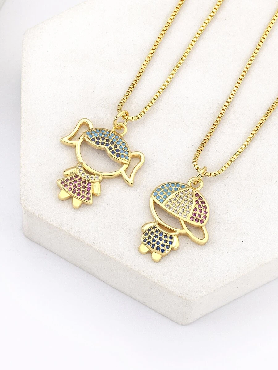 方晶鋯石裝飾人像吊墜項鍊 - 金黃色 - 查看 1