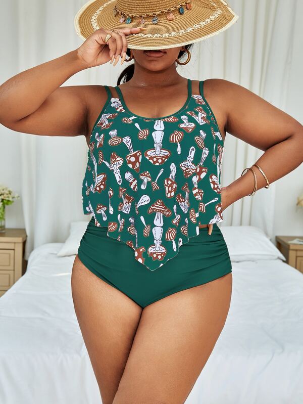 SHEIN Swim Classy Plus Mushroom Print Tankini Set Hanky Hem Tank Top