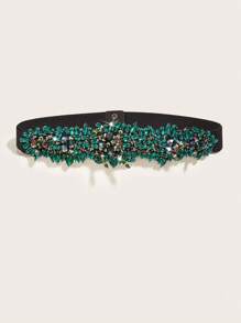 1 Pc Women's Elastic Waist Belt With Handmade Rhinestone Decoration Summer, School Fall, Autumn, Halloween - Mint Green - View 3