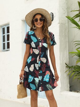 Tropical Print Button Front Dress