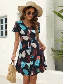 Tropical Print Button Front Dress