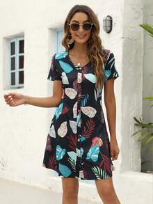 Tropical Print Button Front Dress