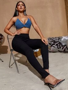 高腰彈性素色側拉鏈緊身褲 - 黑色 - 查看 6